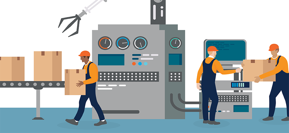 illustration of manufacturing workers holding boxes