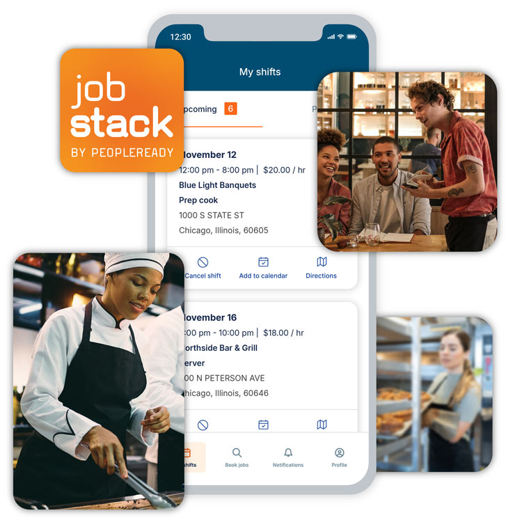 Image of the JobStack app with thumbnails of various food and beverage jobs