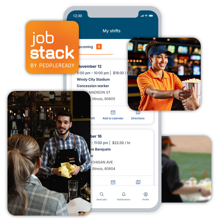 Image of the JobStack app with a list of current shifts and thumbnails of housekeeping and janitorial jobs