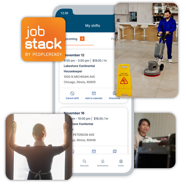 Image of the JobStack app with a list of current shifts and thumbnails of hospitality and events jobs
