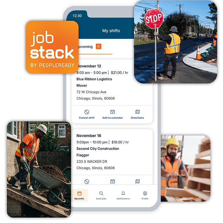 Collage of workers in general labor and a phone showing the JobStack app