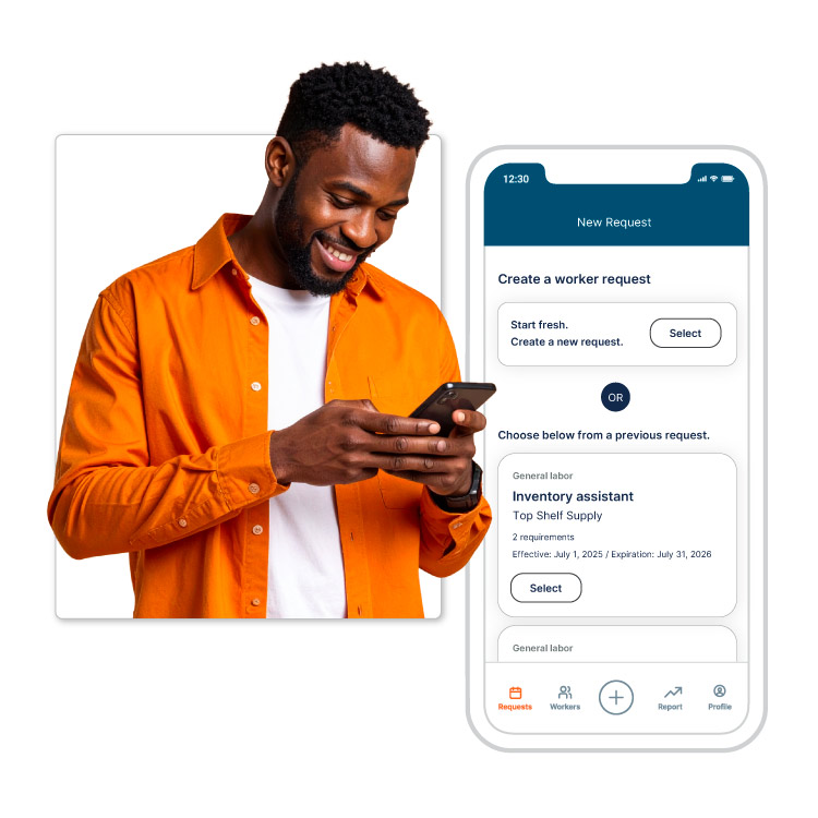 Person smiling while looking at phone next to worker request screen