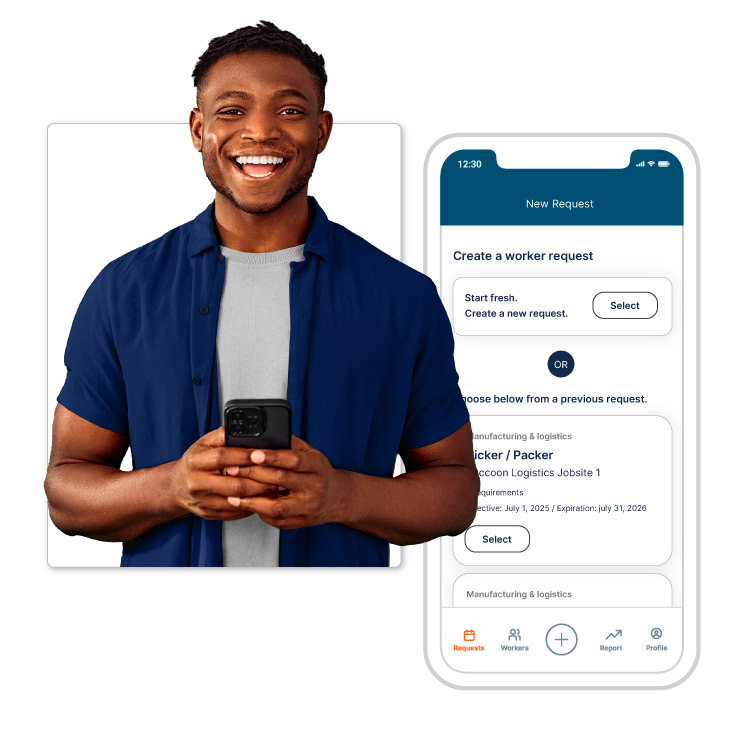 Person smiling while looking at phone next to worker request screen