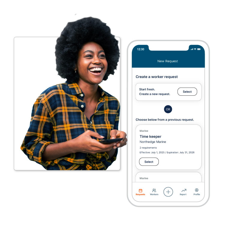 Person smiling while looking at phone next to worker request screen
