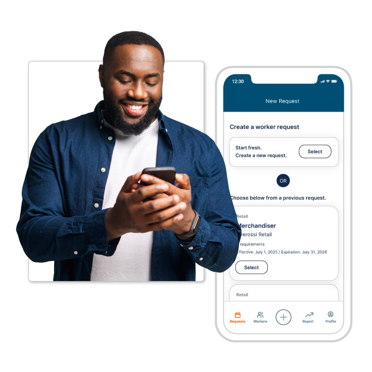 Person smiling while looking at phone next to worker request screen
