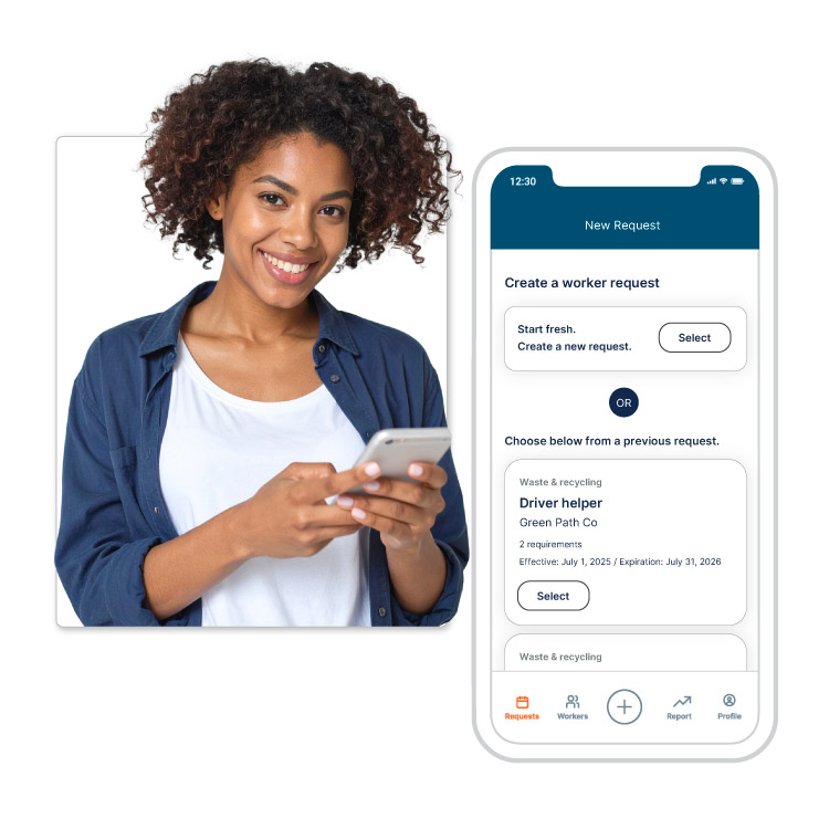Person smiling while looking at phone next to worker request screen