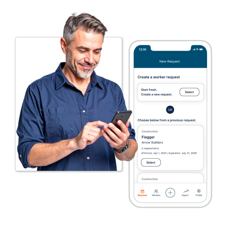 Person smiling while looking at phone next to worker request screen
