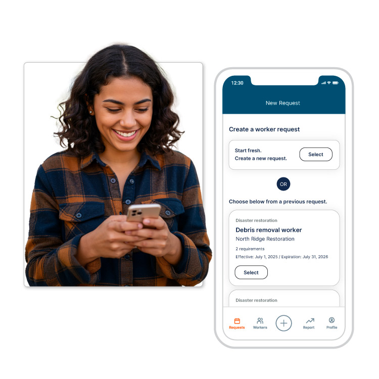 Person smiling while looking at phone next to worker request screen