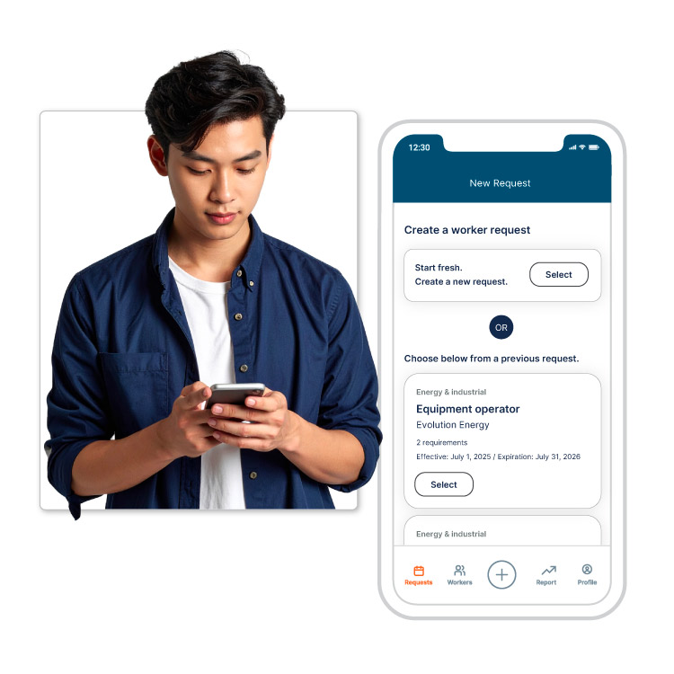 Person smiling while looking at phone next to worker request screen