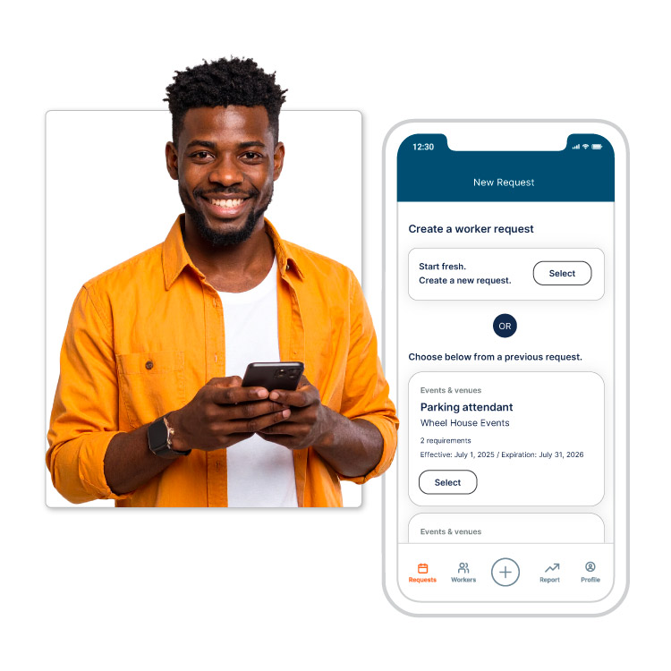 Person smiling while looking at phone next to worker request screen