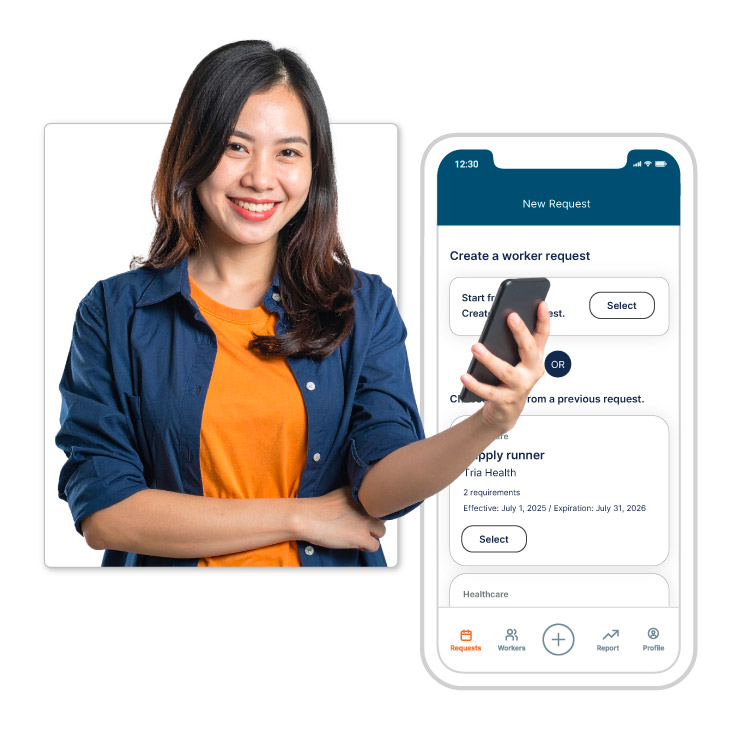 Person smiling while looking at phone next to worker request screen