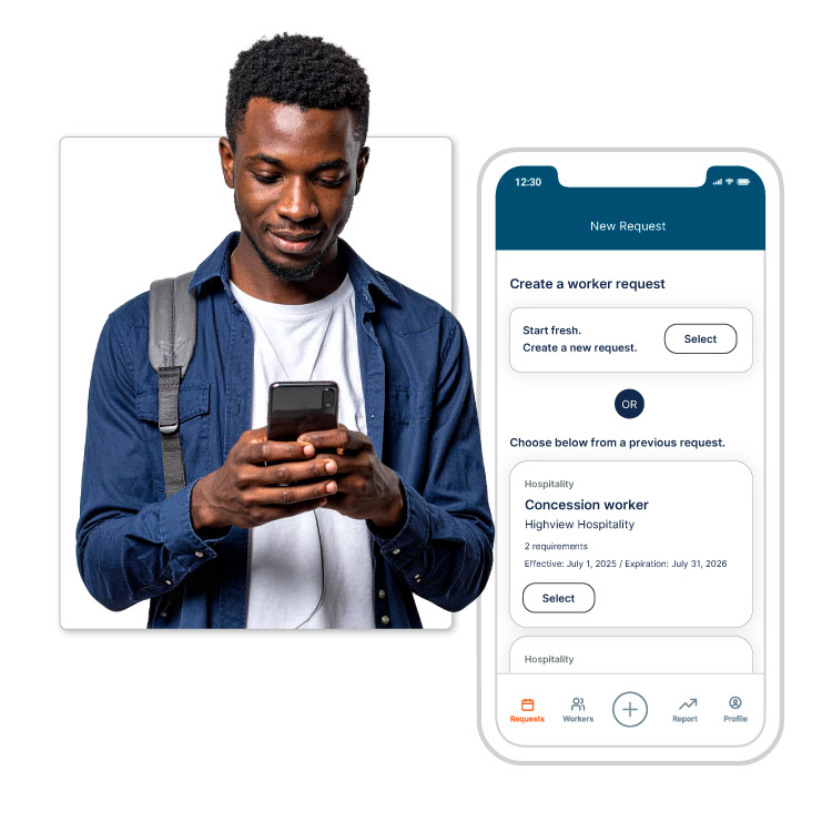 Person smiling while looking at phone next to worker request screen