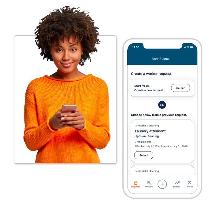 Person smiling while looking at phone next to worker request screen