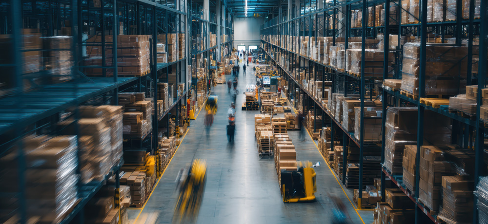 Busy warehouse aisle with warehouse workers handling inventory during peak season staffing operations and increased customer demand.