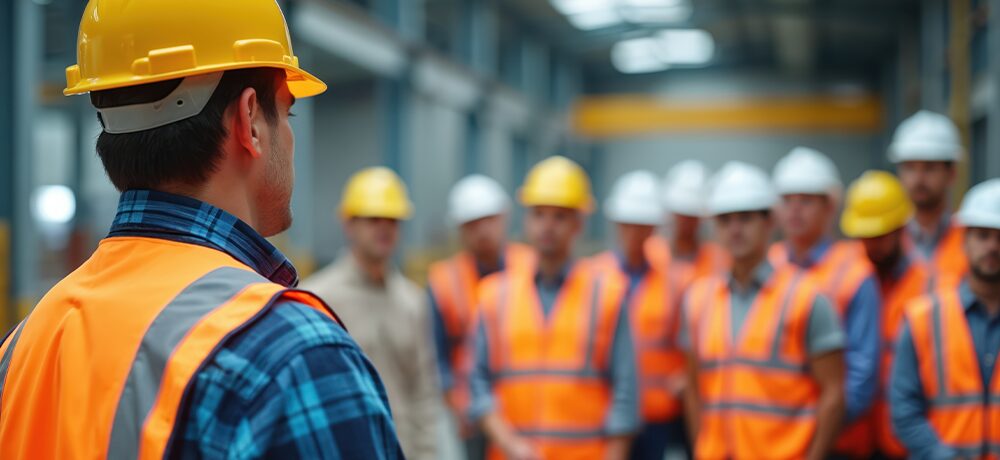 Construction worker wearing a hard hat and reflective safety vest speaking with a group of workers in a warehouse setting.