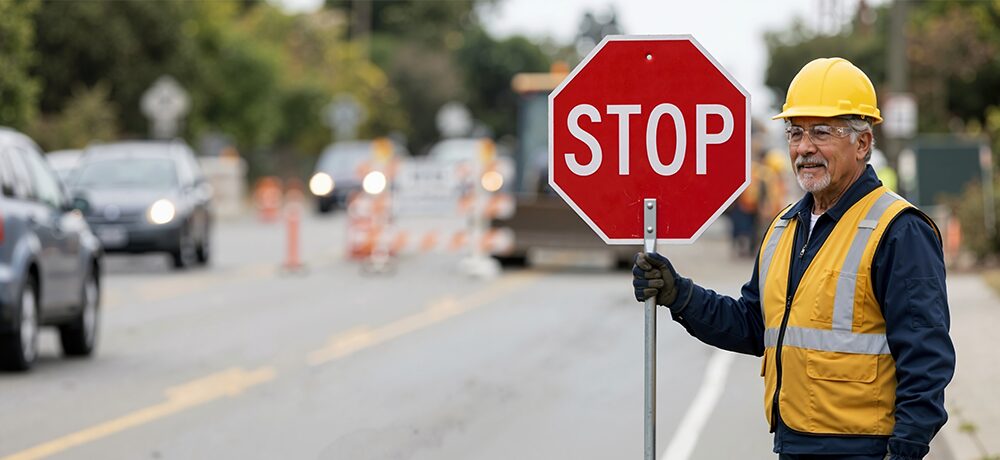 Construction flagger in a hard hat and reflective safety vest holding a stop sign to direct traffic and maintain work zone safety on a busy street with moving vehicles.