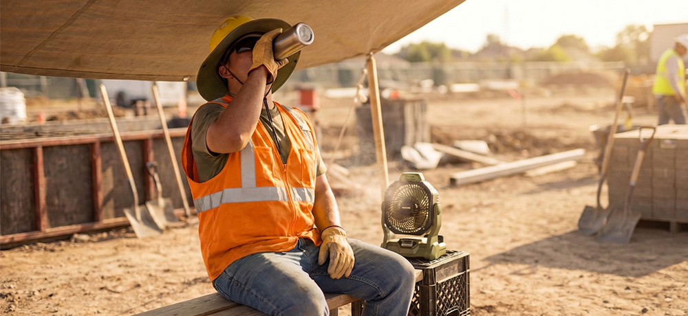 Construction worker taking a hydration break under a sheltered area on a jobsite.