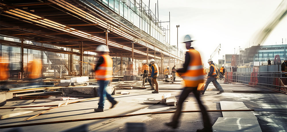 Construction workers move across a busy construction jobsite.