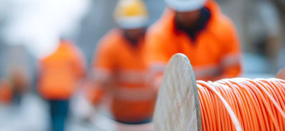 Construction workers in orange safety jackets working with broadband infrastructure equipment.