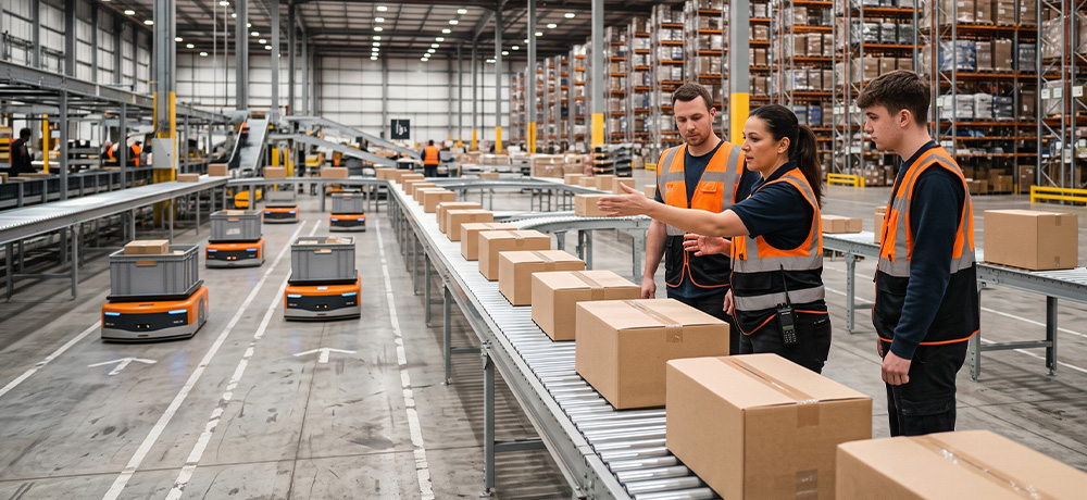 Warehouse workers moving boxes along a conveyor belt in a warehouse.