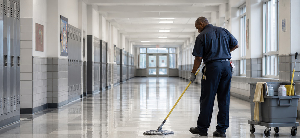 Janitor sweeping the floor in a school hallway to keep campus facilities clean and well-maintained.